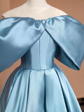 Blue Satin Floor Length Prom Dress, Off the Shoulder Evening Party Dress HZ0429