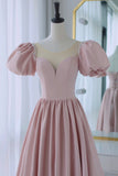 Pink Satin Long A-Line Prom Dress, Cute Short Sleeve Evening Dress HZ0429