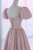 Pink Satin Long A-Line Prom Dress, Cute Short Sleeve Evening Dress HZ0429