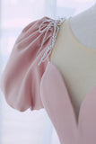Pink Satin Long A-Line Prom Dress, Cute Short Sleeve Evening Dress HZ0429