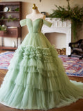A-Line Green Tulle Long Party Dress, Off the Shoulder Formal Evening Dress HZ0429