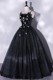 Black Tulle Long A-Line Evening Gown, Black Spaghetti Strap Evening Gown HZ0429
