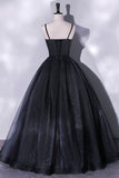 Black Tulle Long A-Line Evening Gown, Black Spaghetti Strap Evening Gown HZ0429