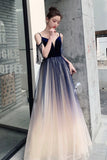 Blue Ombre Tulle V-Neck Long Party Dress, A-line Prom Dress HZ0429