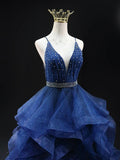 Blue Glitter Tulle Long A-Line Prom Dress, V-Neck Backless Evening Party Dress HZ0429