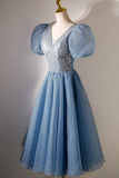 A-line V-neck Sequins Short Prom Dress, Blue Short Sleeve Evening Dress HZ0429