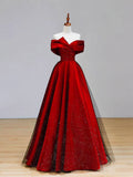 Burgundy Satin and Black Tulle Long Prom Dress, A-Line Off the Shoulder Party Dress HZ0429