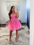 Pink Strapless Tulle Lace Knee Length Prom Dress, Cute A-Line Homecoming Party Dress HZ0429