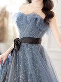 Gray Blue Tulle Long Prom Dress, Beautiful A-Line Strapless Evening Dress HZ0429