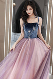 Cute Spaghetti Strap Velvet Tulle Long Prom Dress, A-Line Evening Dress HZ0429