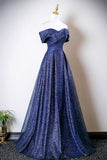 Blue Sequins Tulle Long Prom Dres, Elegant A-Line Off the Shoulder Party Dress HZ0429