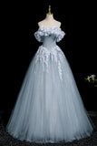 Gray Blue Tulle Flowers Long Prom Dress, A-Line Off the Shoulder Party Dress HZ0429