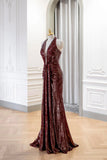 Burgundy Sequins Long Prom Dress, Mermaid V-Neck Evening Party Dress HZ0429