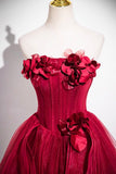 Burgundy Layer Tulle Layer Long Prom Dress, A-Line Strapless Evening Party Dress HZ0429