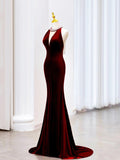 Elegant Burgundy Velvet Long Prom Dress, Mermaid Backless Party Evening Dress HZ0429