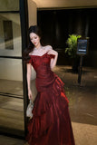 Burgundy Off Shoulder Mermaid Prom Dress Shiny Satin Floor-Length Party Gown HZ0429