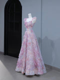 A-Line Purple Pink Tulle Flowers Long Prom Dress, Beautiful Evening Party Dress HZ0429