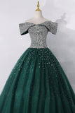 Green Tulle Beads Long Prom Dress, Green A-Line Off the Shoulder Party Dress HZ0429