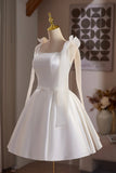 White Satin Knee Length Prom Dress, Lovely A-Line Party Dress White Bow HZ0429