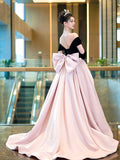 Black Velvet and Pink Satin Long Prom Dress, Beautiful A-Line Off the Shoulder Party Dress HZ0429