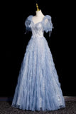 Blue Tulle Beads Long Prom Dress, Beautiful Short Sleeve Evening Party Dress HZ0429