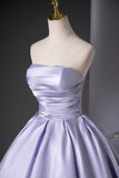 Lilac Satin Floor Length A-Line Prom Dress, Beautiful Strapless Party Dress HZ0429