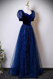 Blue Velvet and Tulle Sequins Long Prom Dress, Blue Evening Party Dress HZ0429