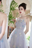 Blue Tulle Flowers Long Prom Dress, Blue A-Line Strapless Party Dress HZ0429