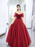 Burgundy Velvet and Tulle Floor Length Prom Dress, Beautiful Off the Shoulder Evening Party Dress HZ0429