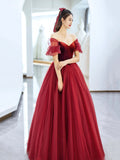 Burgundy Velvet and Tulle Floor Length Prom Dress, Beautiful Off the Shoulder Evening Party Dress HZ0429