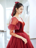 Burgundy Velvet and Tulle Floor Length Prom Dress, Beautiful Off the Shoulder Evening Party Dress HZ0429