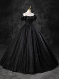 Black Sparkly Tulle Off the Shoulder Long Formal Dress, Elegant A-Line Black Evening Party Dress HZ0429
