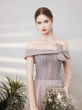 Purple Tulle Beaded Long Prom Dress, Off the Shoulder Evening Party Dress HZ0429