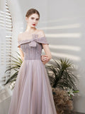Purple Tulle Beaded Long Prom Dress, Off the Shoulder Evening Party Dress HZ0429