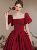 Burgundy Satin Formal Evening Gown with Puff Sleeve, A-Line Long Prom Dress HZ0429