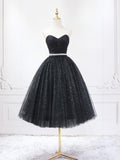 Black Shiny Tulle Tea Length Prom Dress, Black Strapless A-Line Party Dress HZ0429