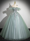 Cute Tulle Lace Long Prom Dress, A-Line Scoop Neckline Off Shoulder Evening Party Dress HZ0429