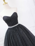 Black Shiny Tulle Tea Length Prom Dress, Black Strapless A-Line Party Dress HZ0429