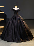Black V-Neck Floor Length Formal Dress, A-Line Off the Shoulder Evening Party Dress HZ0429
