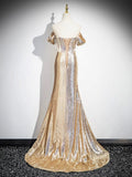 Gold Sequins Long Prom Dress, Shiny Off the Shoulder Evening Party Dress HZ0429