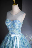 Blue Rose Flower Long Prom Dress, Blue A-Line Evening Party Dress HZ0429