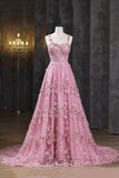 Pink Applique Long Prom Dress, A-Line Spaghetti Straps Formal Dress HZ0429
