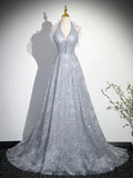 Elegant V-Neck Tulle Sequins Long Prom Dress, Gray A-Line Backless Party Dress HZ0429