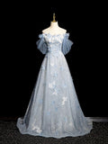 Blue Tulle Sequins Long Prom Dress with Lace, Beautiful Off the Shoulder Evening Party Dress HZ0429
