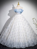 Blue Tulle Printing Floor Length Prom Dress, Off the Shoulder Backless Evening Dress HZ0429