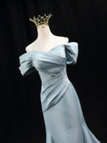 Mermaid Satin Long Prom Dress, Blue Off the Shoulder Party Dress with Bow HZ0429