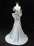 Mermaid Satin Long Prom Dress, Blue Off the Shoulder Party Dress with Bow HZ0429