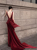 Burgundy V-Neck Satin Long Prom Dress, Elegant Backless Evening Party Dress HZ0429