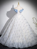 Blue Tulle Printing Floor Length Prom Dress, Off the Shoulder Backless Evening Dress HZ0429
