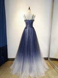 Blue Gradient Tulle Spaghetti Strap Long Party Dress, Beautiful A-line Prom Dress HZ0429